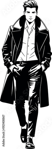 Confident stylish man in elegant overcoat and formal attire walking forward black and white minimalist vector fashion illustration for design