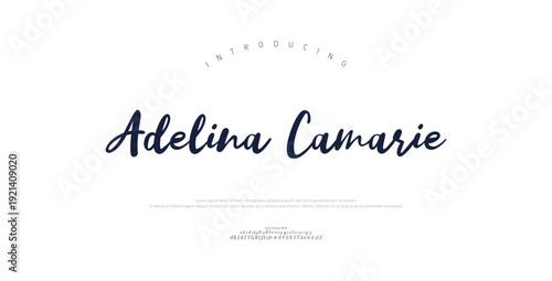 Adelina Camarie, Script typography beauty fashion elegant minimalist serif italic fonts decorative wedding vintage retro logos. Minimal luxury font alphabet logo. Vector illustration

