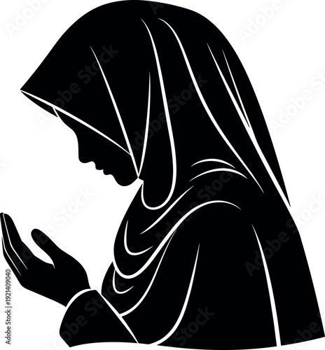 Muslim Woman Wearing Hijab Praying in Profile Silhouette Vector Illustration for Ramadan Kareem Islamic Religion Prayer and Spiritual Faith Concept