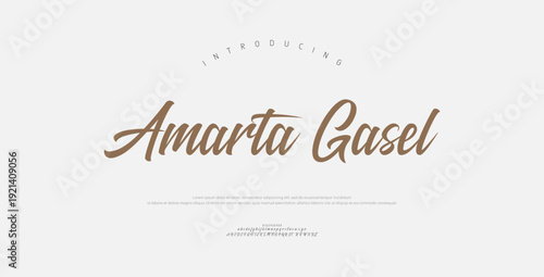 Amarta Gasel, Script premium luxury elegant alphabet letters and numbers. Elegant wedding typography classic serif font decorative vintage retro. Creative vector illustration
