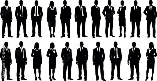 Large Set of Professional Business People Silhouettes in Formal Suits Standing in Various Poses for Corporate Team and Office Concepts