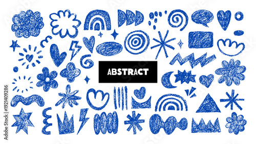 Blue pen crayon doodle grunge bold shapes, scribble set. Modern childish hand drawn naive emphasis elements. Vector isolated notebook illustration. Geometric pattern