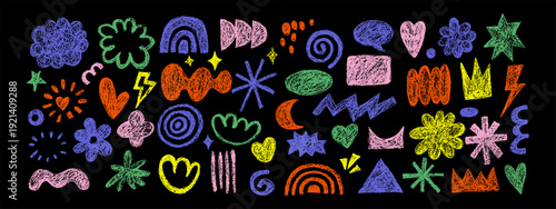 Abstract crayon doodle grunge scribble set. Modern childish hand drawn elements. Vector isolated chalkboard illustration. Geometric shapes background