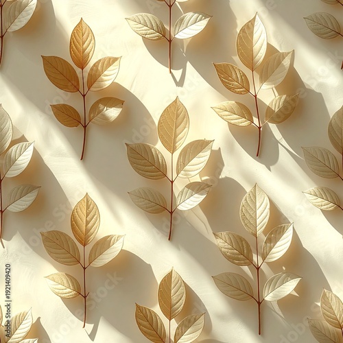 Top view of minimal leaves arranged on beige background with natural sunlight shadow
