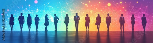 Row of professional silhouettes standing confidently on a reflective floor against a colorful digital network background conveying unity and futuristic collaboration