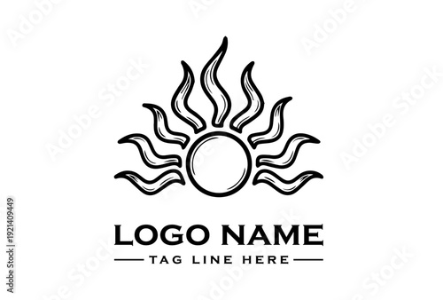 Black sun logo with wavy rays and sample text on a white background for branding or design purposes.