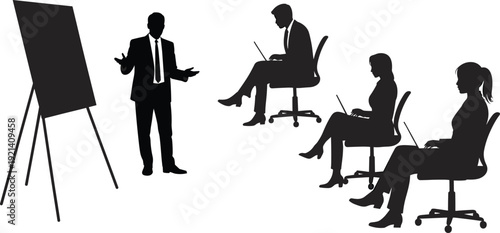 Business training silhouette illustration with presenter and laptops, corporate seminar vector, teamwork education concept, professional collaboration design, meeting artwork