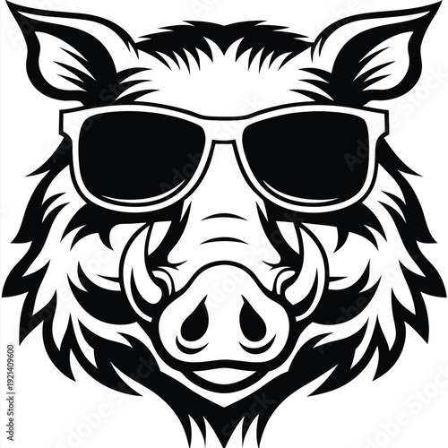 A monochrome boar head wears sunglasses, exhibiting a blend of coolness and wild nature