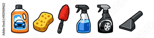Collection of car cleaning tools and supplies for a spotless vehicle exterior and interior