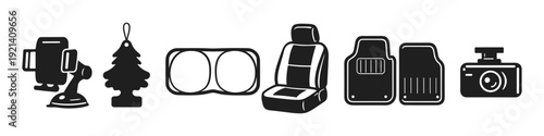 Collection of car accessories including a phone mount, air freshener, sunshade, seat cover, floor mats, and dashcam