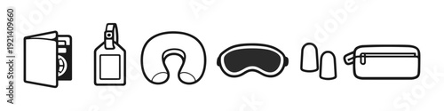 Travel essentials icons: passport, luggage tag, neck pillow, eye mask, earplugs, and toiletry bag