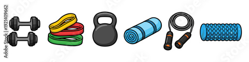 Collection of fitness equipment including dumbbells, resistance bands, kettlebell, yoga mat, jump rope, and foam roller