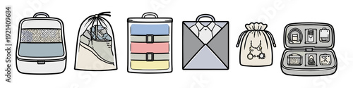 Collection of various travel organizers and packing bags for efficient storage