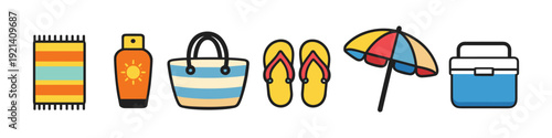 Collection of beach essentials including a towel, sunscreen, bag, flip-flops, umbrella, and cooler