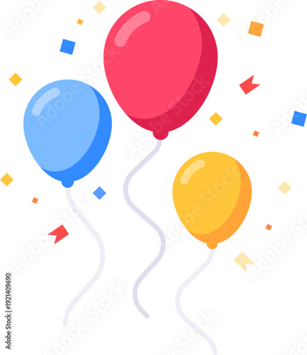 Colorful balloons floating with confetti celebrating an event