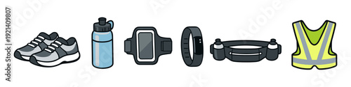 Collection of running gear including shoes, water bottle, armband, fitness tracker, and vest