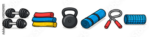 Collection of fitness equipment for a home gym workout, including dumbbells and a kettlebell