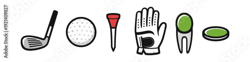 Collection of golf equipment icons including club, ball, tee, glove, and marker