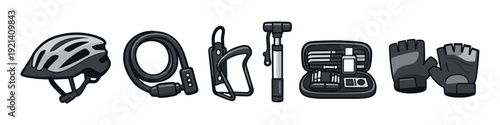 Essential cycling accessories including helmet, lock, pump, repair kit, and gloves