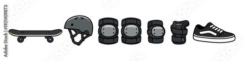 Skateboard and protective gear set including helmet, knee pads, elbow pads, and shoes