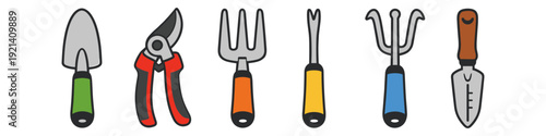 Collection of colorful cartoon gardening tools arranged in a row on a white background