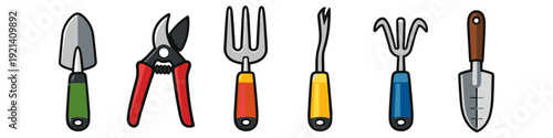 Collection of colorful cartoon gardening tools for planting and pruning