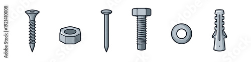 Collection of various metal fasteners and hardware components on a white background