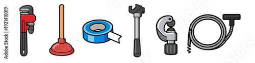 Collection of plumbing tools including a pipe wrench, plunger, tape, and cutter