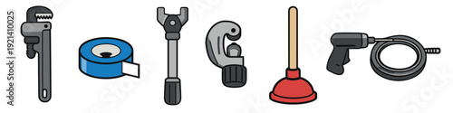 Collection of plumbing tools and supplies for home repair and maintenance tasks