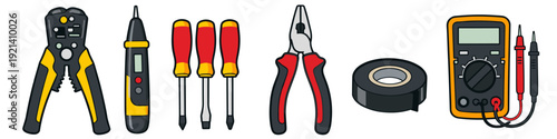 Collection of electrical tools including wire strippers, screwdrivers, pliers, tape, and multimeter