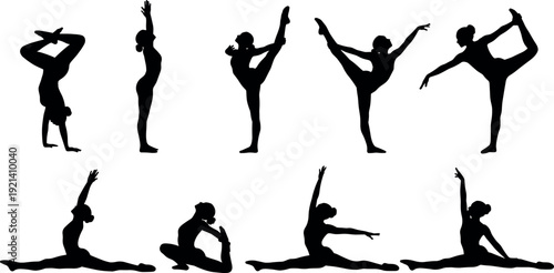 Set of elegant black silhouettes showing women performing professional gymnastics, rhythmic dance movements, yoga poses and splits on white background.