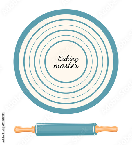 Vector illustration of kitchen utensils in turquoise flat style. The set includes round flexible dough rolling mat with decorative lettering and cylindrical silicone rolling pin with ergonomic wooden 