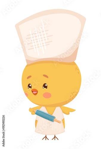Charming chicken character dressed as professional baker. The chef is wearing white chef's hat and apron, holding rolling pin. Vector style with soft textures. Ideal for bakery logos, children's cookb