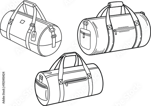 Line art duffel bag set, three sport travel gym overnight bags, vector outline illustration, zippered pockets, carrying straps, minimalist design