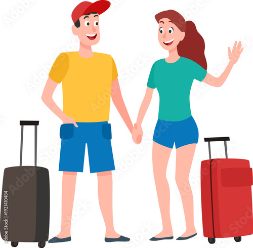 Traveling couple holding hands smiling ready for vacation