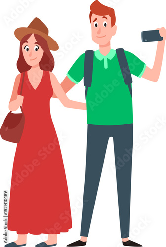 Couple of young tourists taking a selfie for travel memories