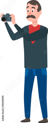 Man holding camera capturing image with digital equipment