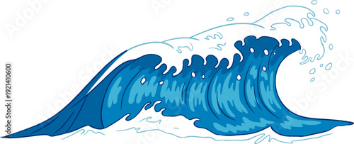 Ocean wave breaking with white foam and splashing water