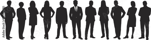 Corporate business team silhouette lineup, diverse professional men and women standing isolated on white background leadership concept