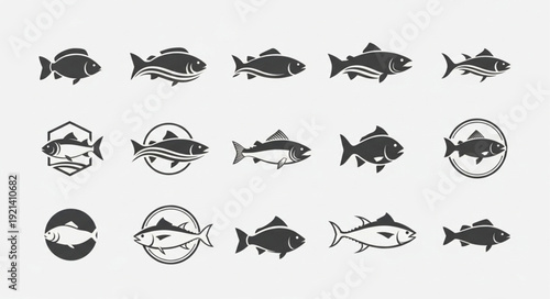Collection of stylized fish icons and emblems.