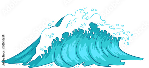 Blue ocean wave splashing with white foam