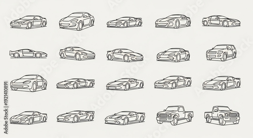 Collection of Hand Drawn Sports Car Silhouettes on White Background.