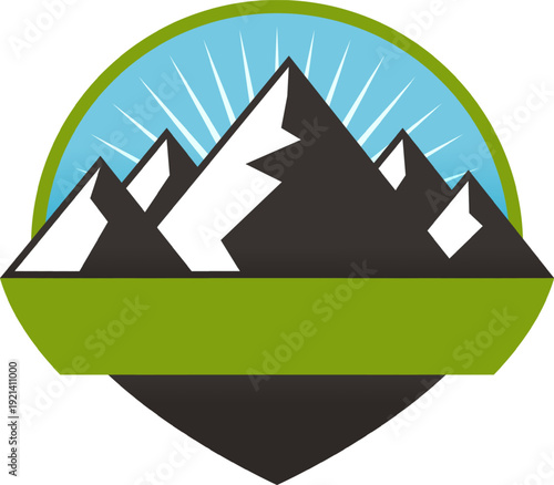 Mountain peaks with sun rays exploring nature emblem