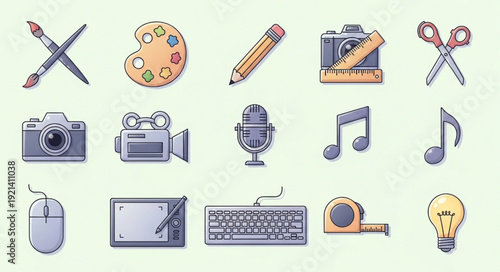 Collection of creative tools and art supplies icons.