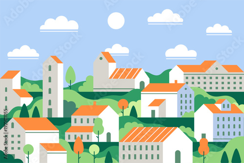 Flat design town illustration on green hills
