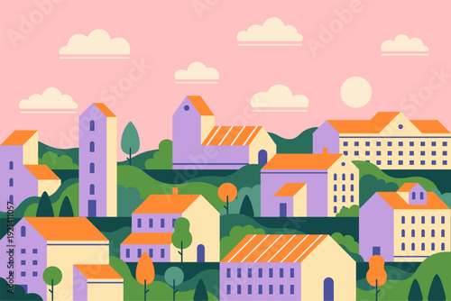 Colorful city panorama with houses on rolling hills