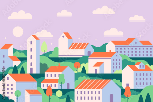 Village cityscape with houses on rolling hills