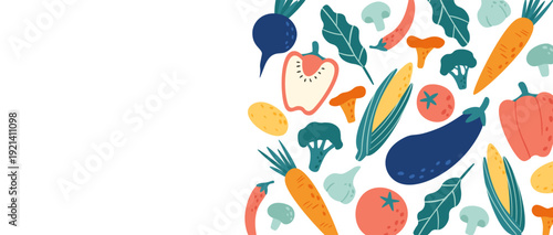 Fresh vegetables and fungi creating a vibrant pattern on white