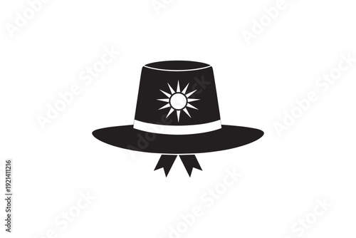 Black silhouette of wide brimmed hat with sun emblem and ribbon, vintage style accessory, elegant fashion item, outdoor wear, costume element, isolated object