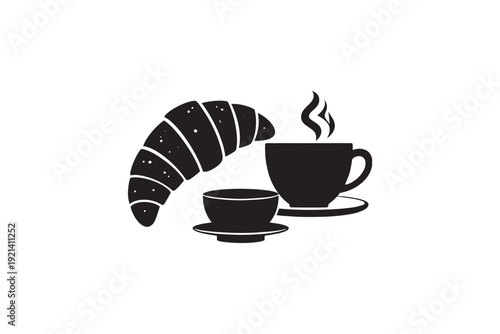 Fresh breakfast croissant with steaming hot coffee and small tea cup silhouette set for bakery cafe menu design breakfast concept on white wall